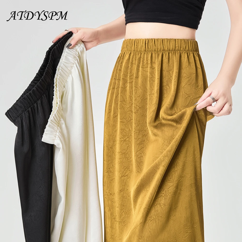 

2024 Summer Long Satin Skirts Women Fashion Simple High Elastic Waist Back Slit A-Line Pleated Skirt Female Casual Loose Bottoms