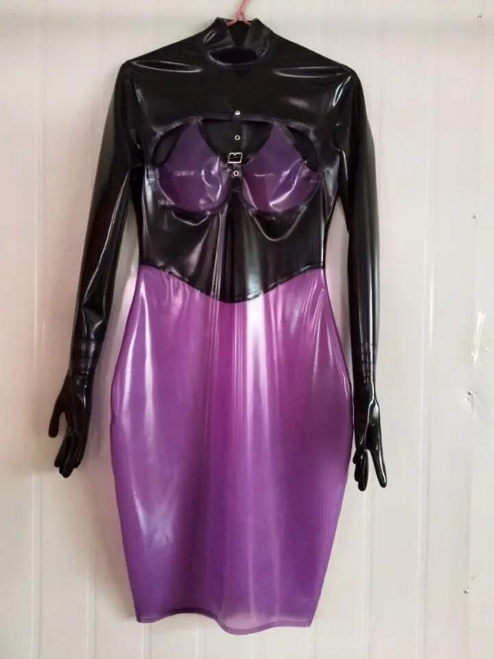 100% Latex Dress Black and Purple With Five Finger Skirts Size XXS-XXL