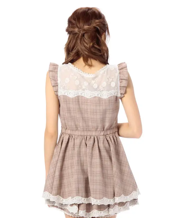 Japan Autumn Liz Lisa Plaid Lace Fly Sleeve Ribbon Dress