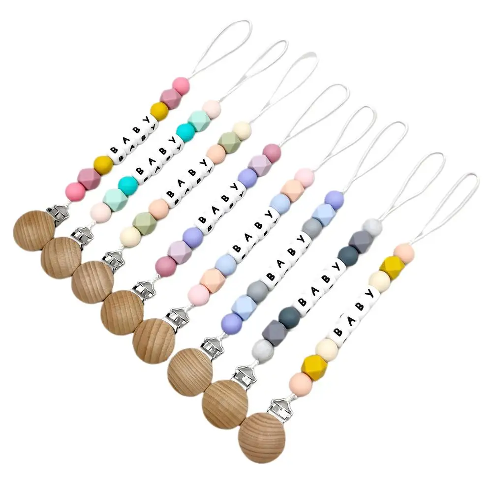 Customized English Name Baby Cartoon Silicone Round Beads Pendant Pacifier Clips Chains Holder Teether Baby Kawaii Toy