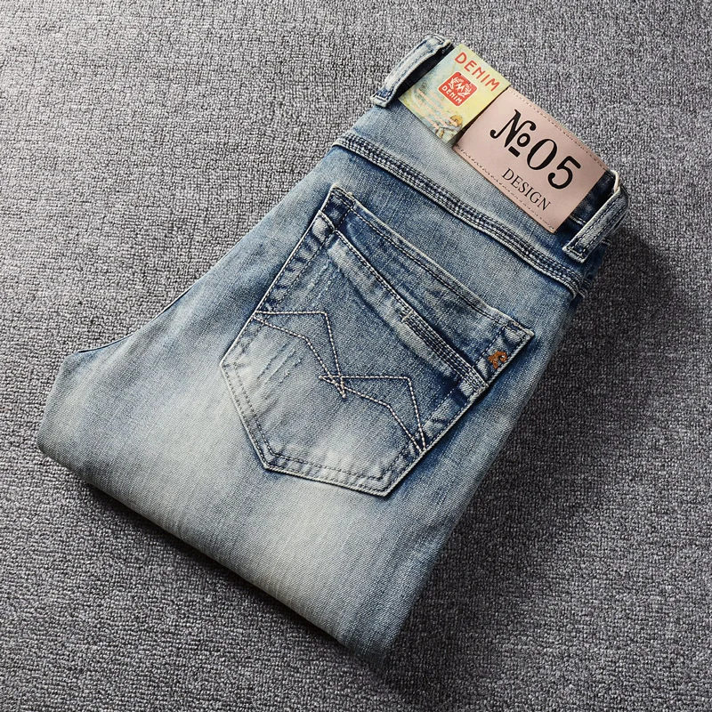 Fashion Designer Men Jeans Retro Washed Gray Blue Elastic Stretch Slim Ripped Jeans Men Embroidery Vintage Denim Pants Hombre