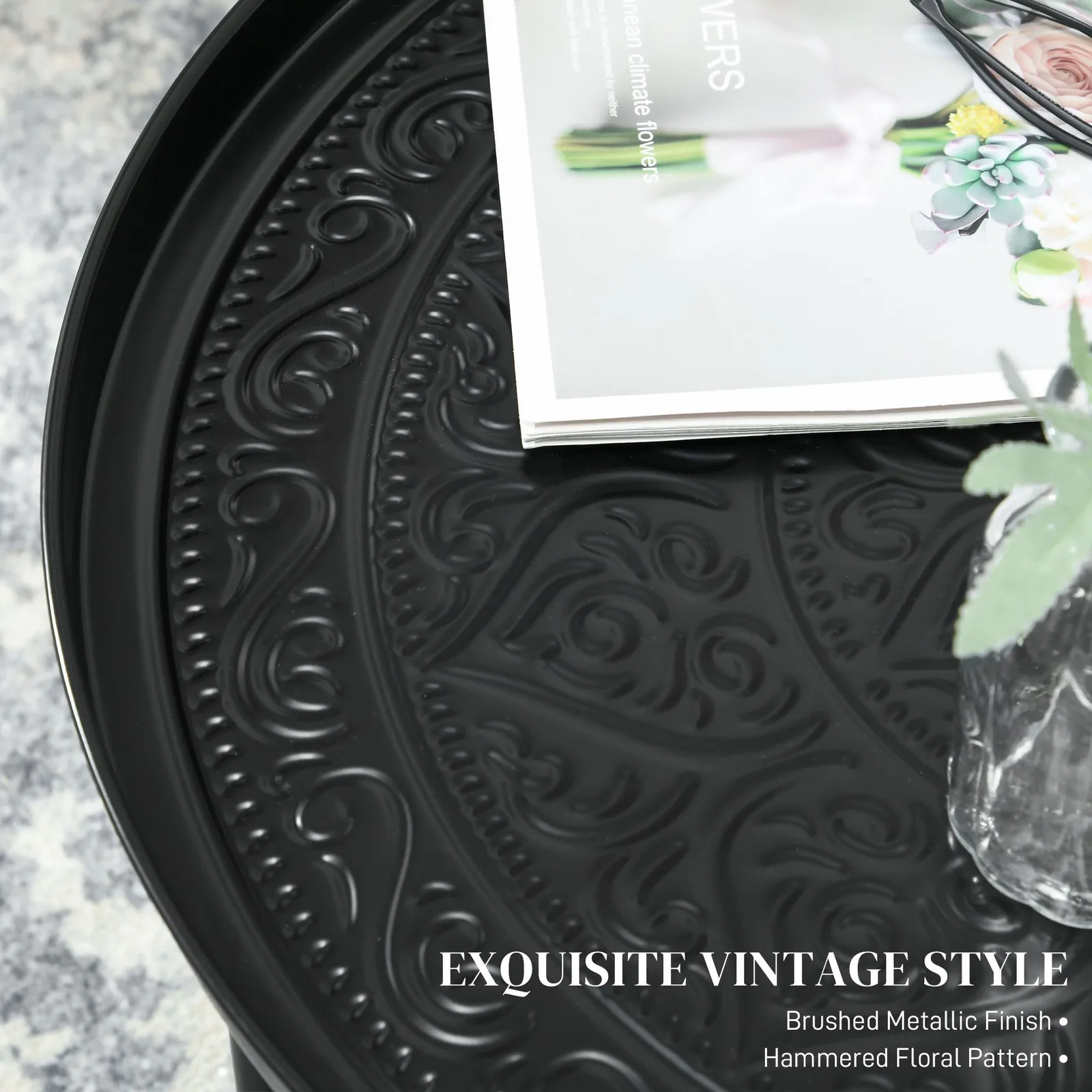 طاولة قهوة مستديرة مقاس 24 بوصة مع صينية مطروقة وإطار معدني قوي باللون الأسود