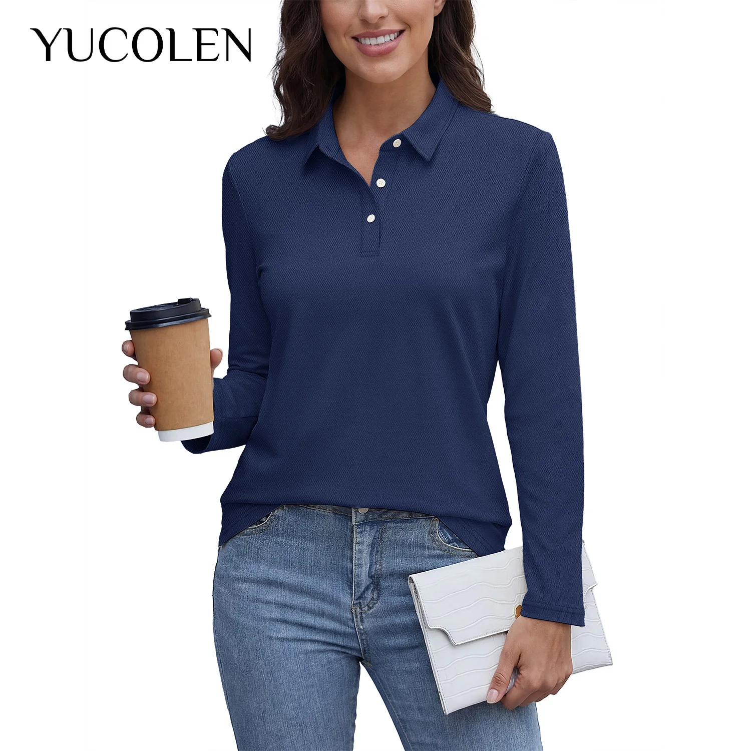 YUCOLEN Women Long Sleeve Polo Shirt 72% Cotton Blend Solid Color Lapel 3 Button Tag Free Side Split Hem Casual Golf Office Tops