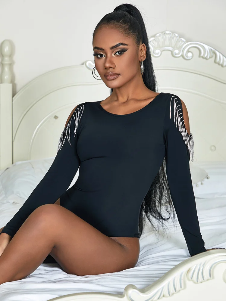 Comeondear Black Round Neck Casual Rompers Pajamas Oversized Bodysuits Lingerie Sexy Teddy Long Sleeve Tassel Leotard Underwear