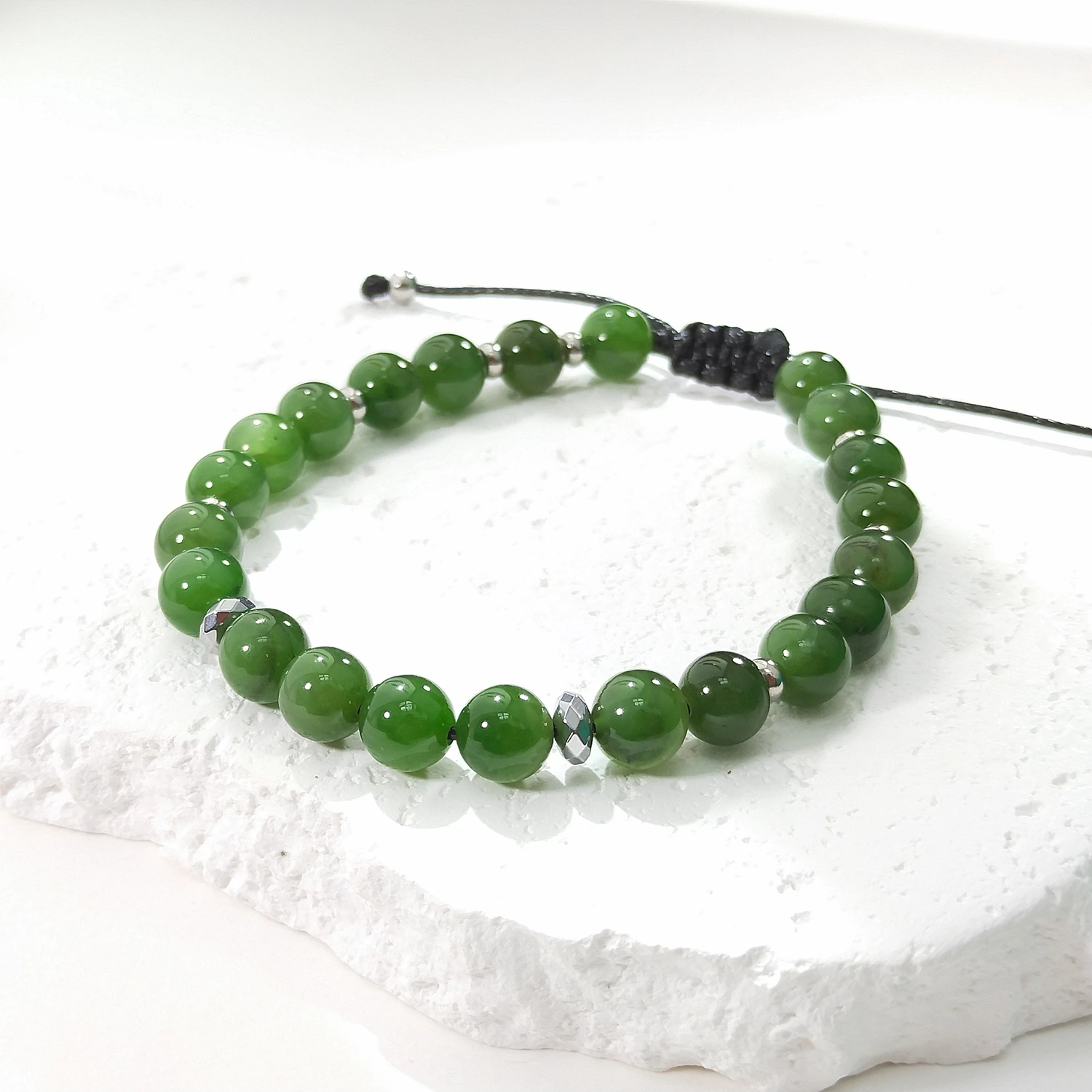 Lii Ji Natural Hetian Jade / Green Jade 8mm Adjustable Bracelet 20-27cm For Male Jewelry