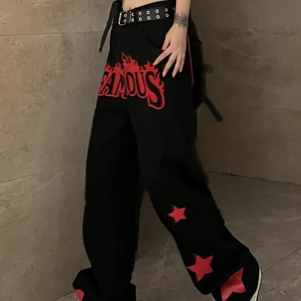 

Letter Straight Leg Women's Jeans Graphic Black Pants for Woman with Print High Waist Shot Trousers Star Pattern Original Fitted