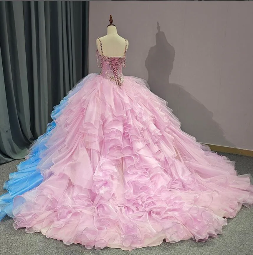 Pink Blue Princess Quinceanera Dresses Sparkly Corset Top Ruffles Skirt vestidos de 15 quinceañera 2024 Sweet 16