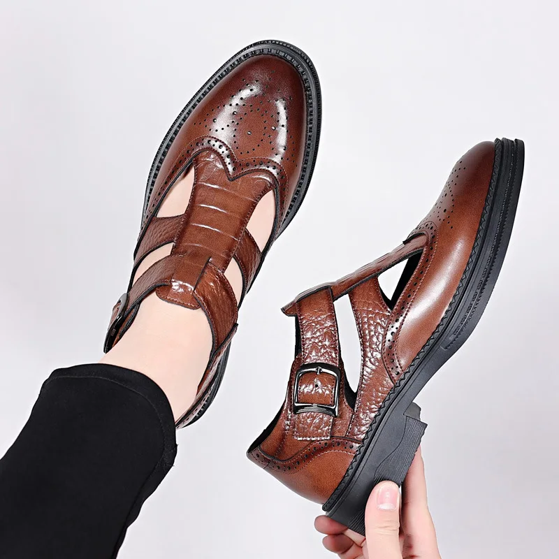 Solid Color Men\'s Dress Shoes 2023 Summer New Cowhide Hollow Leather Shoes Sandals Fashion Casual Designer Shoe Male