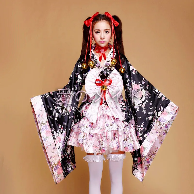 

Retro Japanese Sakura Printed Kimono Lolita Maid Mini Dress, Classic Cosplay Outfit for Home Dance, Stage Performance & Party