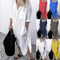 2023 New Button Cotton Linen Elegant Mid length Shirt Dress Women's Autumn Beach Dress Retro Button Coat Women's Long Sleeve