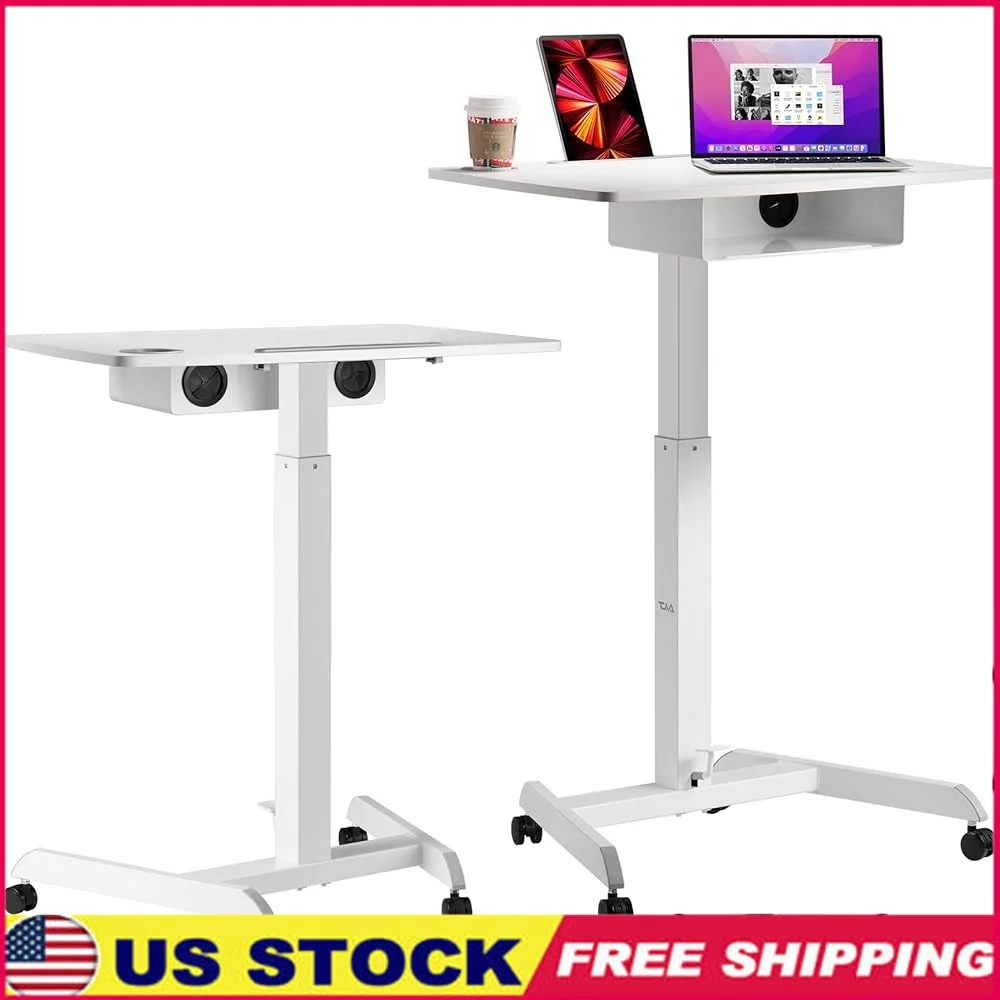 

Height Adjustable Mobile Laptop Desk with Storage Shelf Pneumatic Rolling Workstation Office and Classroom