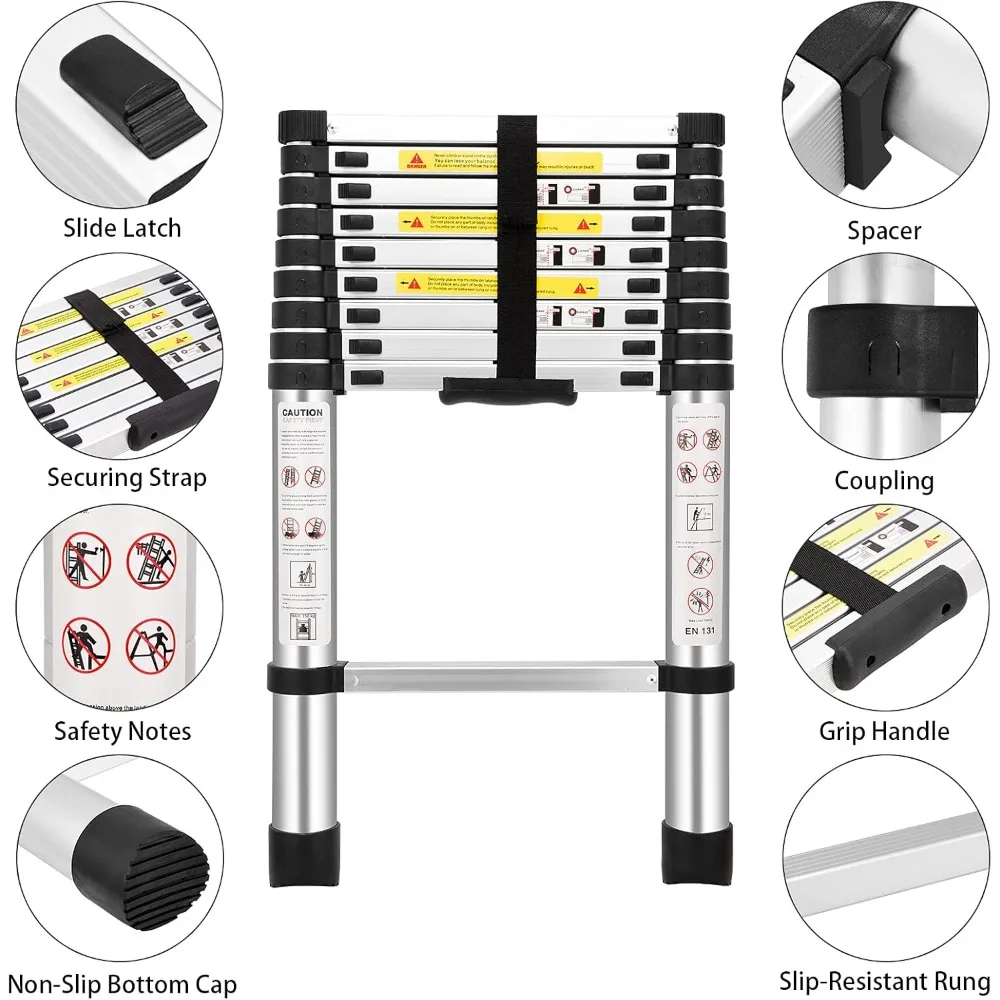 سلم تمديد تصغير من الألومنيوم متعدد الأغراض، معتمد من EN131، سلم قابل للطي بطول 8.5 قدم إلى 2.6 متر للاستخدامات المختلفة