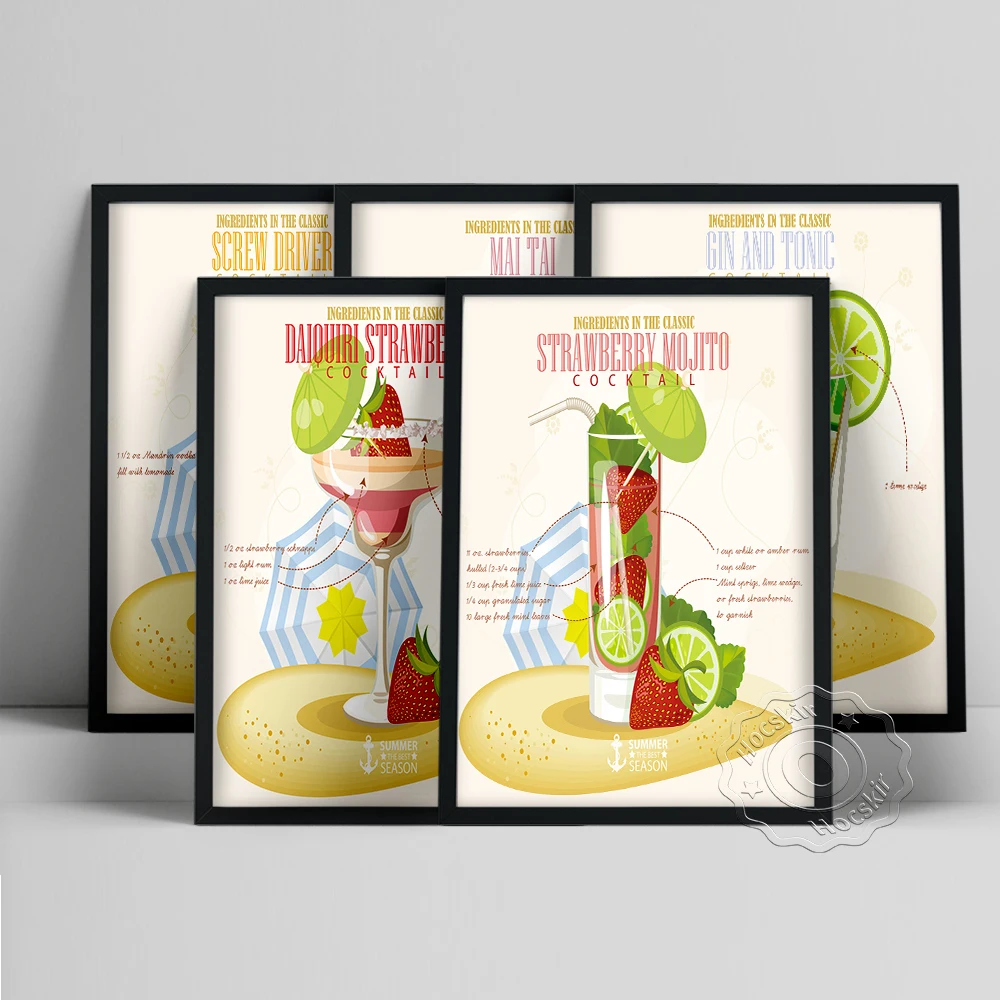 Póster artístico impreso de ingredientes clásicos de cóctel, Gin y tónico Mai Tai Mojito Daiquiri, cuadro decorativo de pared moderno, pintura en lienzo