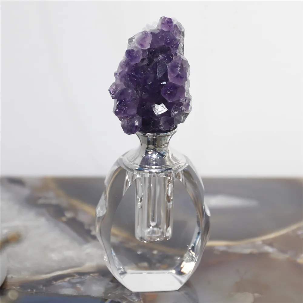 1PCS Perfume Bottle With Amethyst Cluster Empty Essential Oil Bottle Spot Coating Refillable Stones Crystal Natural Stone bottle