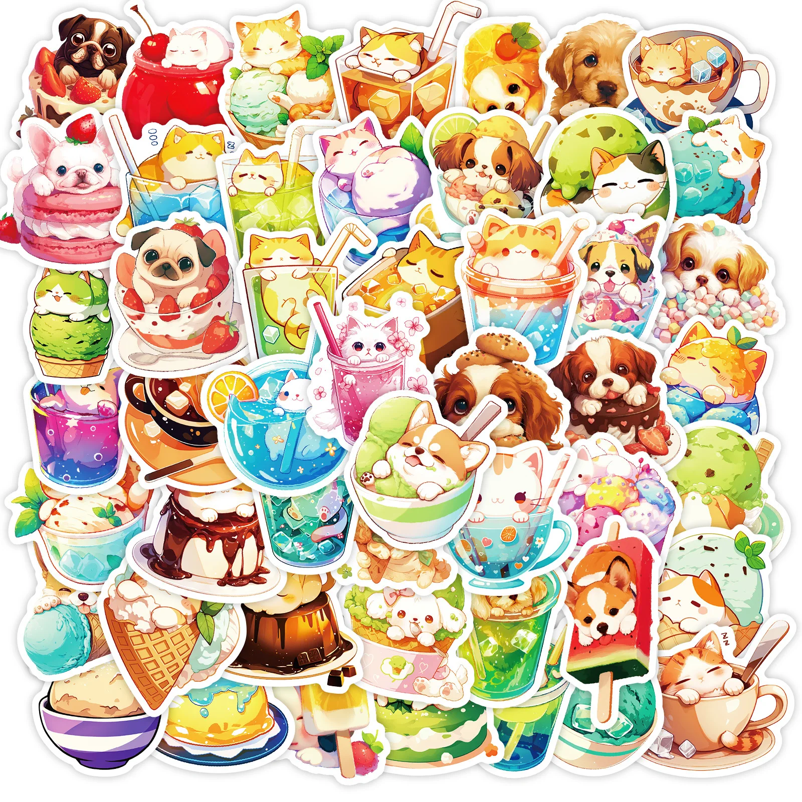 

50Pcs Cartoon Food Cats And Dogs Series Stickers Suitcase Phone Case Water Bottle Waterproof Decoration Diy Sticker Packs