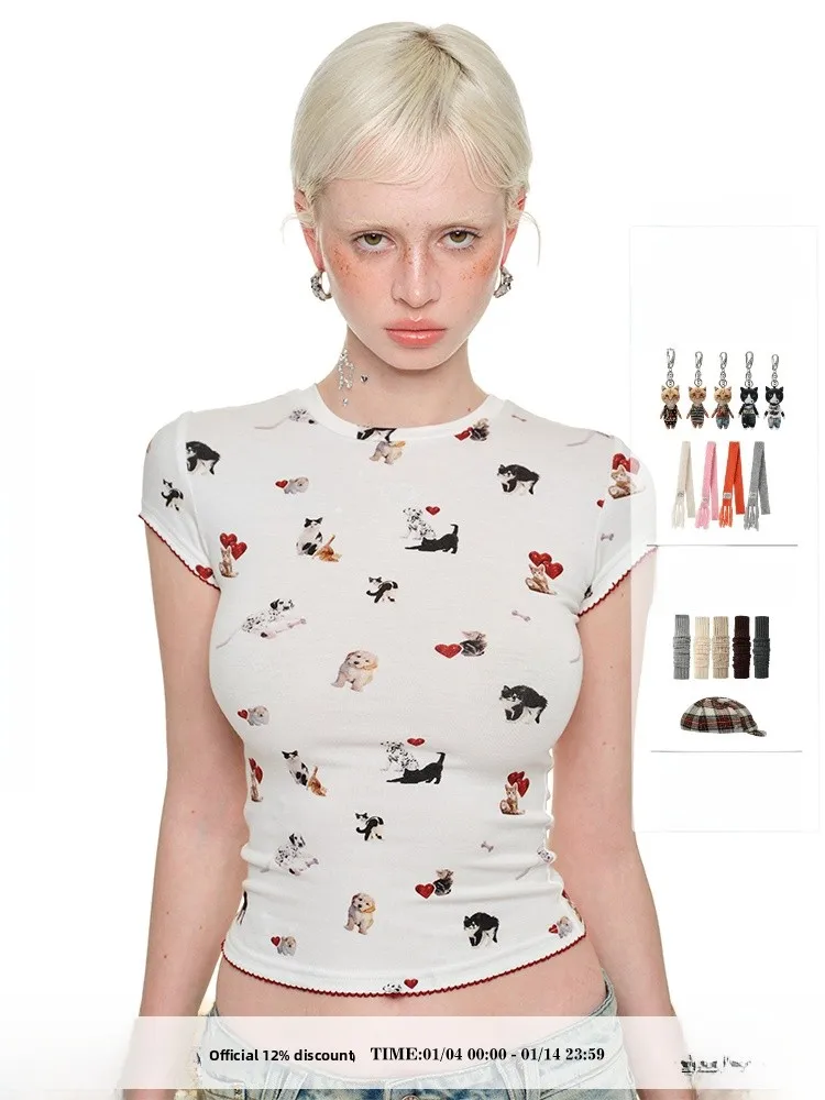 

Футболка Slim Fit ort Sve, женский эластичный топ с принтом собаки, повседневный летний модный топ JINN STUDIO Body a irt