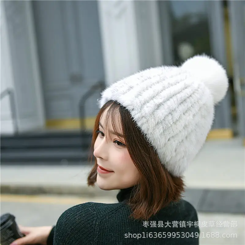 2023Autumn Winter New Mink Wool Woven Big FoxHair Ball Hat Fur Mink Wool Hat Thickened Warm and Skin Friendly Ear Protection Hat