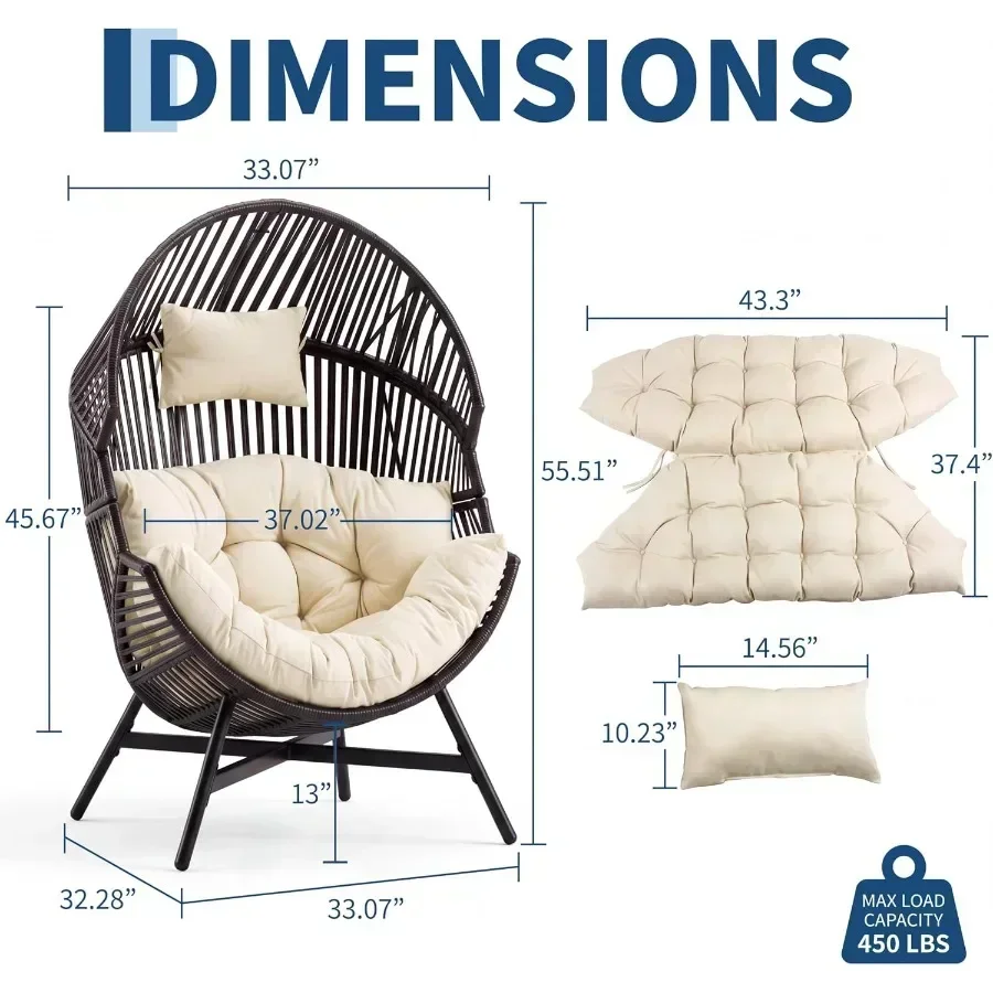 Oversized Wicker Egg Chair for Outdoor Patio Lounge, Beige Natural Fiber Basket Chair with Weather-Resistant Weave and Ergonomi
