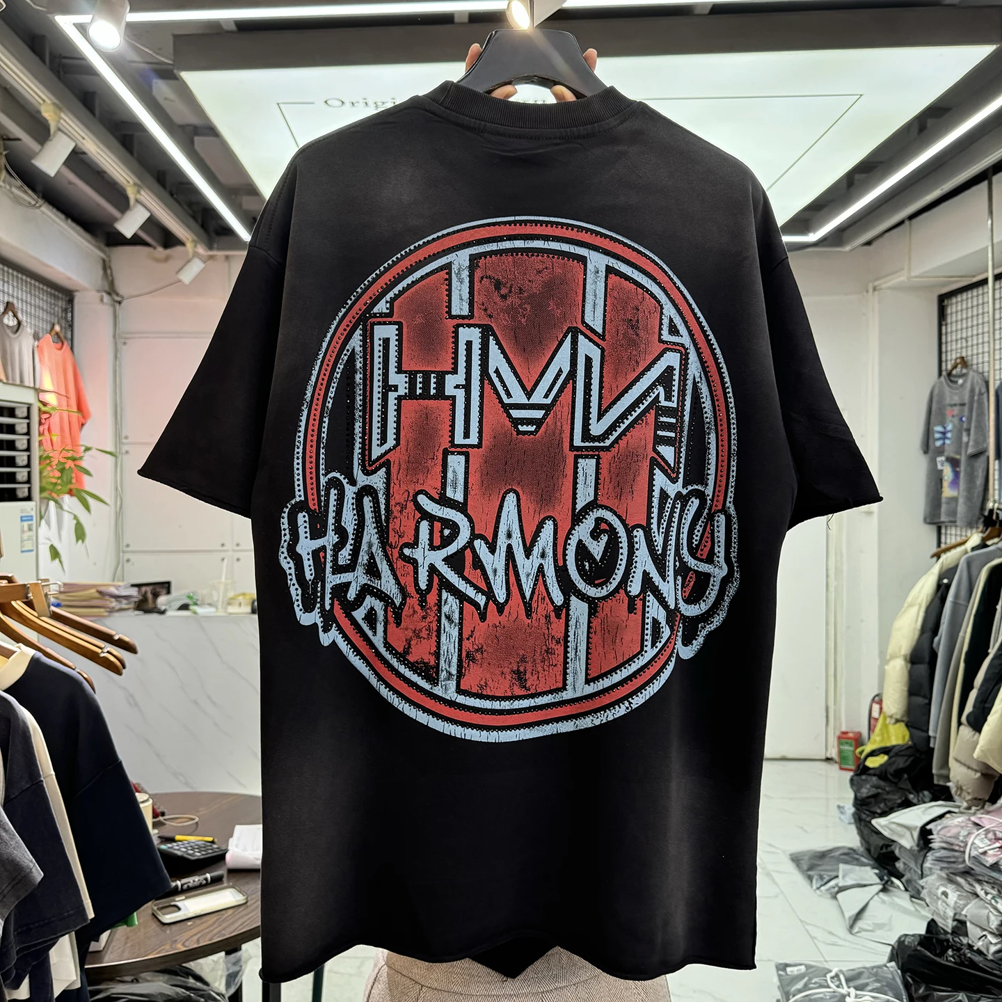 Harmony American Streetwear Skull Boxing Print Loose Fit Short Sleeve T-Shirt Vintage Washed Rhinestone Heat Pressed Cotton Tee