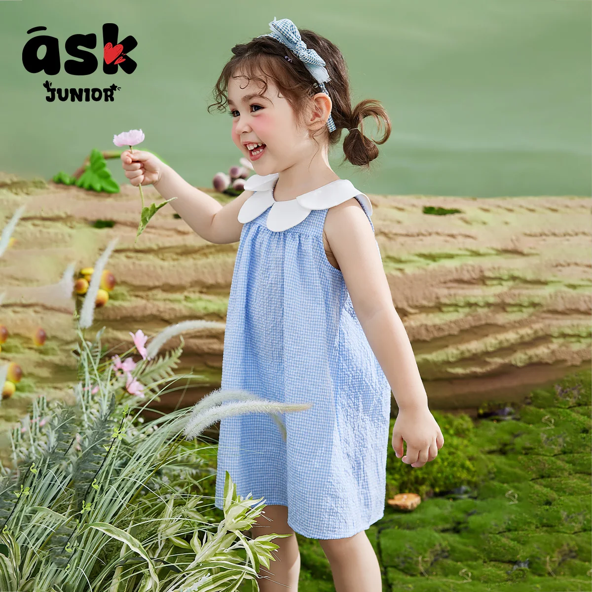 فستان ASK JUNIOR للفتيات الصيفي الرقيق للأطفال بياقة بتلة منقوش بدون أكمام