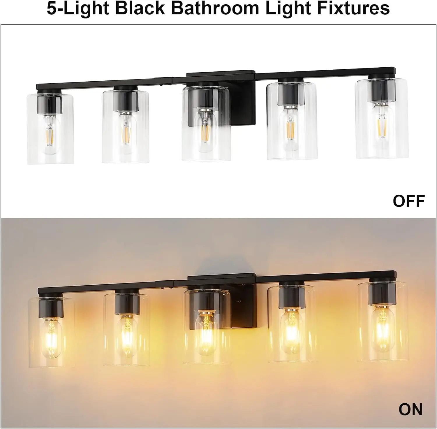 Lampade nere luce da toeletta a 5 luci con paralume in vetro trasparente, luci da toeletta per applique da parete in metallo da bagno per vivere