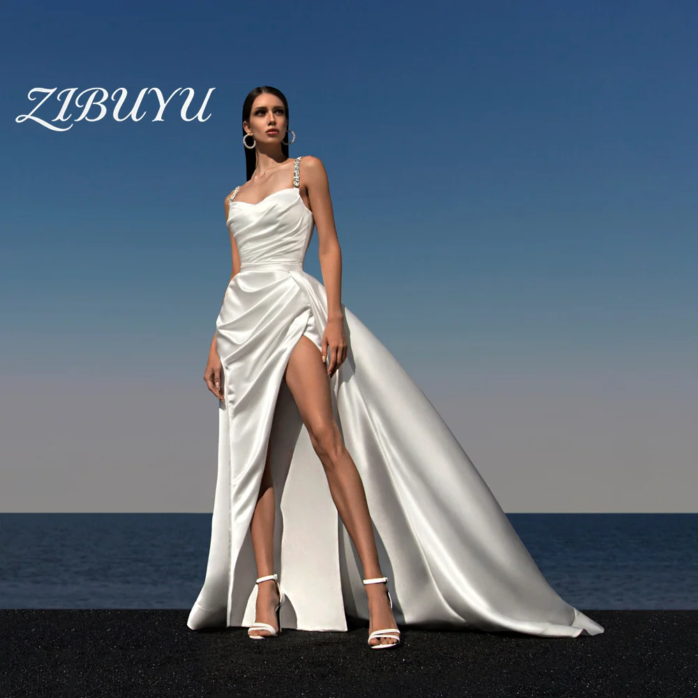 

ZIBUYU Customized Elegant Luxury Wedding Dress Sleeveless Sweetheart Spaghetti Straps Ruched Satin High Slit A-Line Bridal Gowns