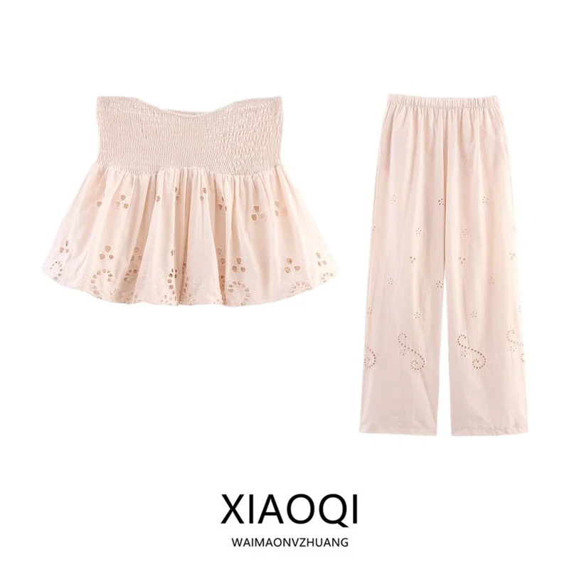 2025년 여름 신상 여성용 면 자수 벌룬 슬리브 탑과 롱 팬츠 패션 세트 라운드 넥 슬리브 라운드 넥