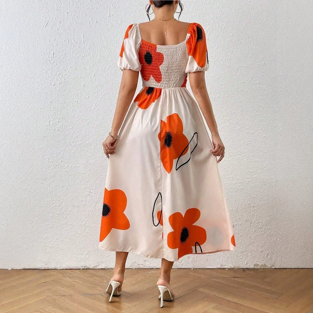 Vestidos Primavera Verano Skinny Fit diario Floral abertura lateral Puff manga cuello cuadrado Midi vestidos de cambio para mujeres