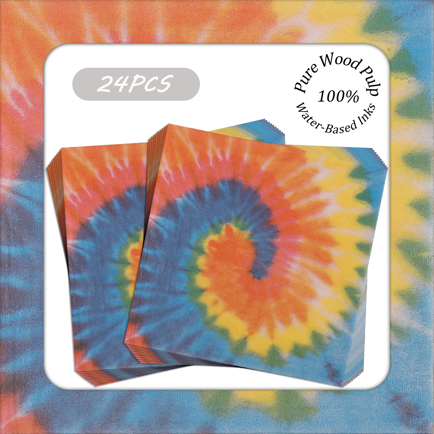 24pcs Printed Paper Napkin Tie-Dye Rainbow Pure Wood Pulp-33x33cm-Party Napkins with Spiral Pattern for Music Festivals