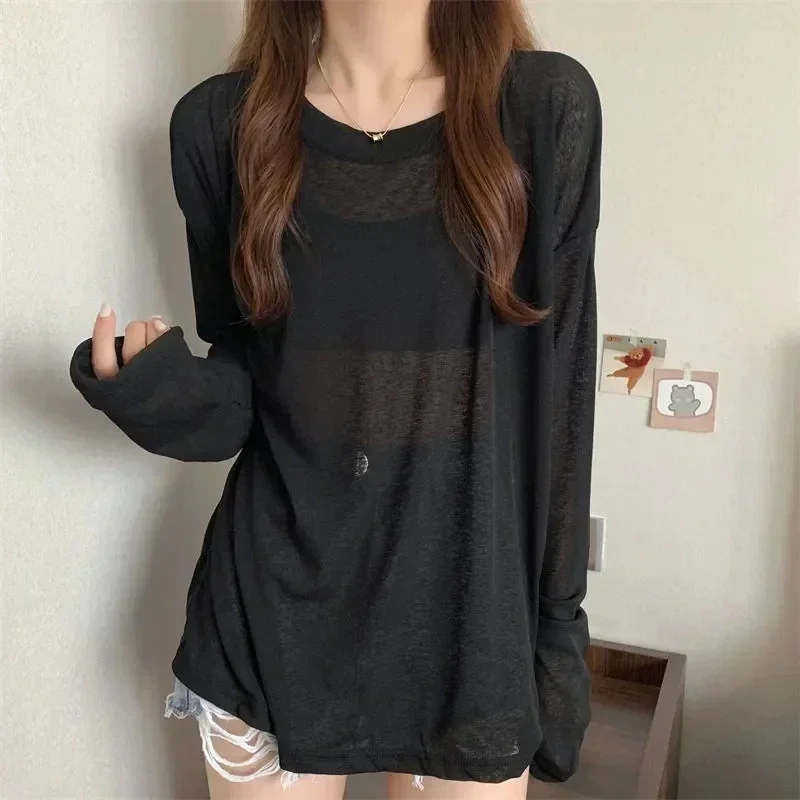 

Mesh Sunscreen Clothing Long Sleeved T-shirt Cover Women's Summer Thin Fairy Tops Ladies Korean Casual Bottom Shirt Loose Blouse