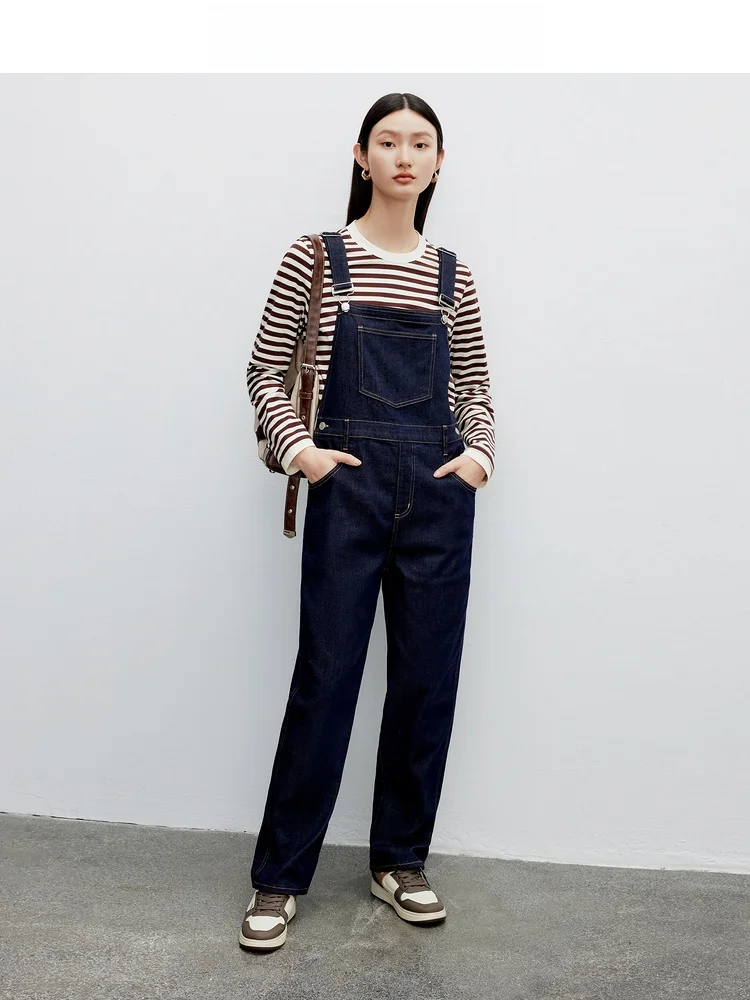 

Designice High Waist Overalls Women's Long Pants Deep Blue Color Commute Sle ket Detail Straight Cut Regular Thin
