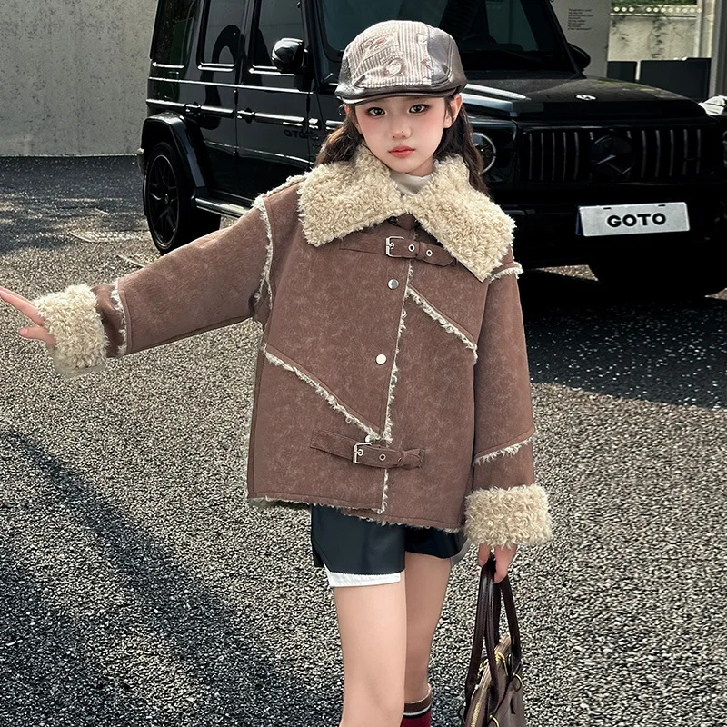 Girls Fleece Thick Brown Coat Children 2024 New Winter Collection Fashion Simple Casual Coat Top European Fashion Style