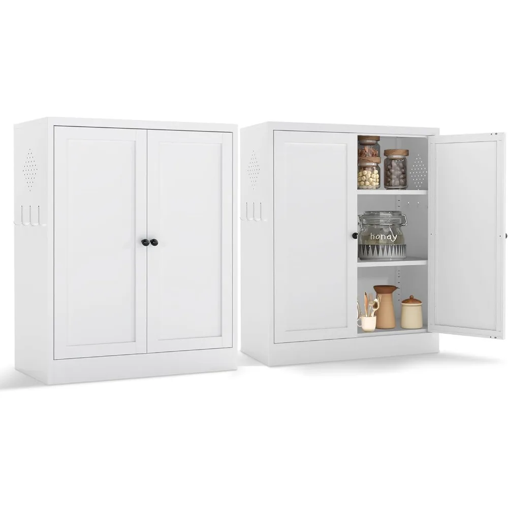 キッチンパントリーキャビネット、34.6インチのホワイトパントリー収納キャビネット、2段の調節可能な棚と2つのドア付き、自立型食器棚、Me