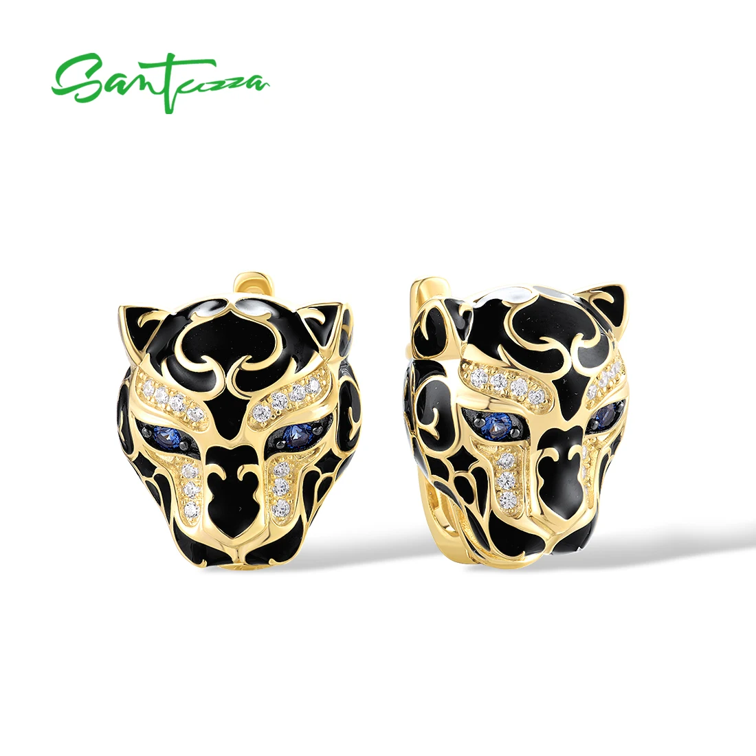 

SANTUZZA Real 925 Sterling Silver Black Leopard Earrings For Women Green Spinel Enamel Neutral Style Animal Party Fine Jewelry