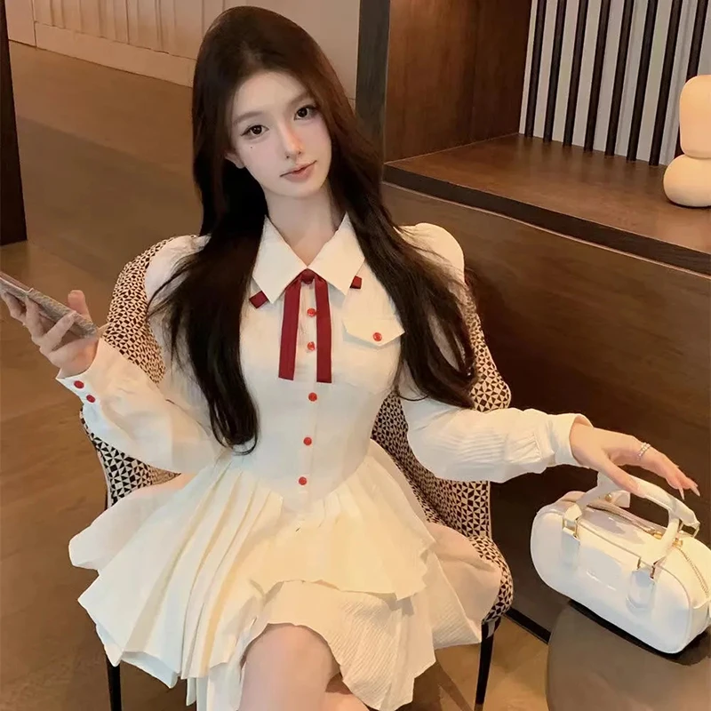 فستان قصير بفيونكة حلوة للنساء للخريف بأكمام طويلة فساتين غير منتظمة بطيات مرقعة كاواي بأزرار بريبي بقصة ضيقة فساتين للطلاب #2