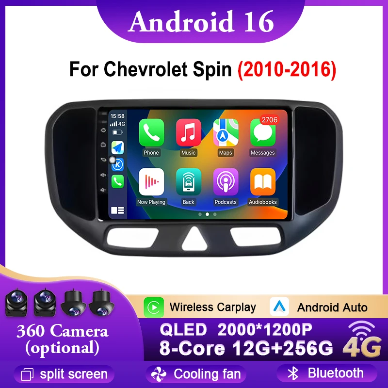 Radio para Auto Android 16 para Chevrolet Spin 2010-2016, Carplay Inalámbrico, Estéreo, Reproductor Multimedia de Video, GPS, Navegación, Bluetooth