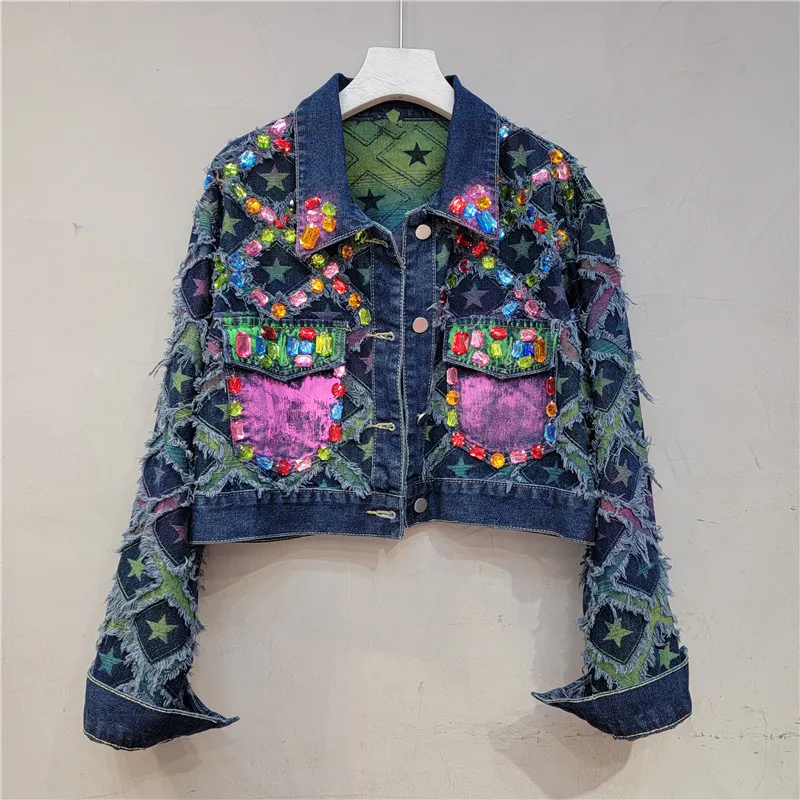 Autumn New Denim Clothes Korean Style Fashion Design Heavy Industry Hand-Painted Beaded Frayed Stitching Casual Jeans Short Coat