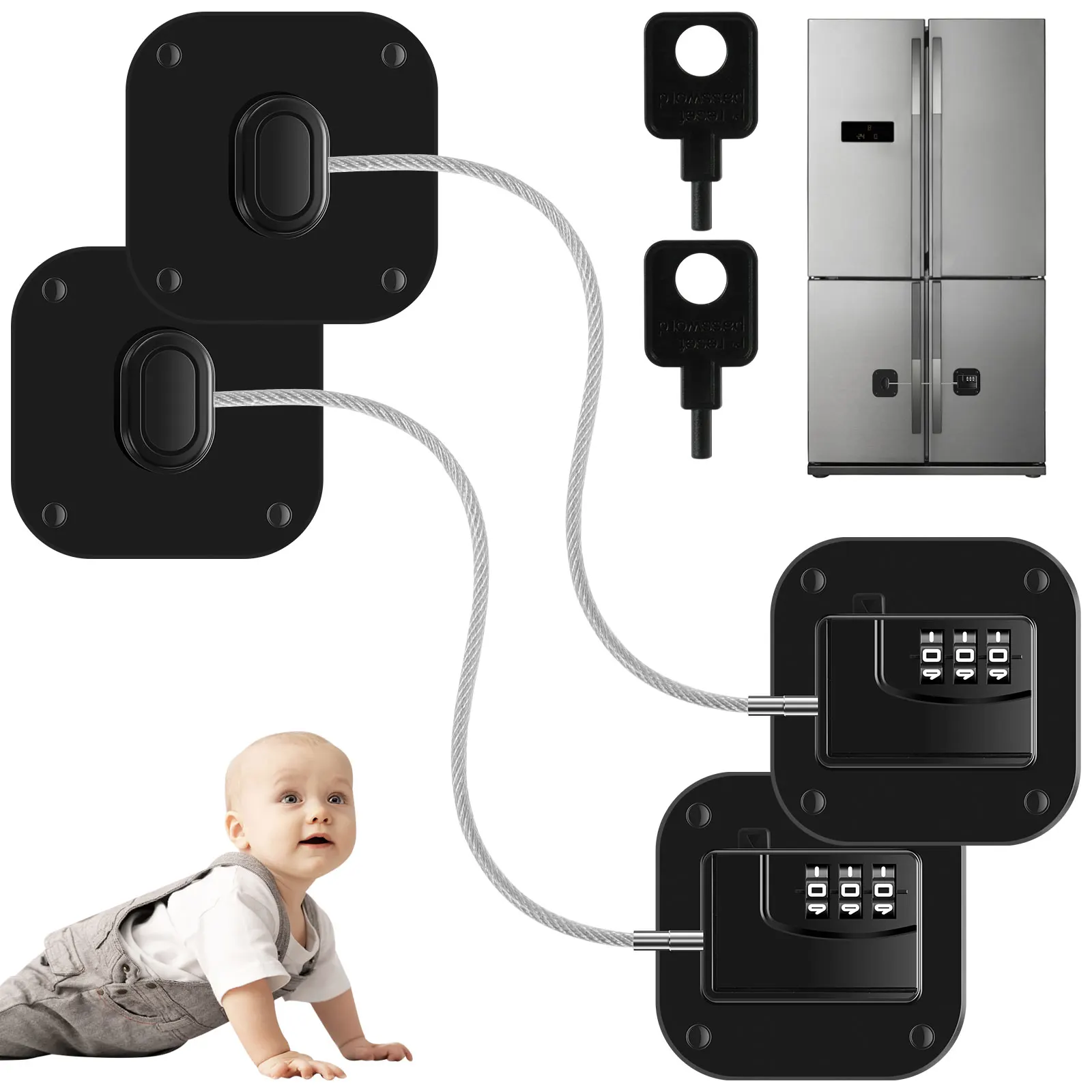 2Pcs Freezer Lock Child Proof Refrigerator Lock Combination Self Adhesive Fridge Lock Combo Child Safe Freezer Door Lock