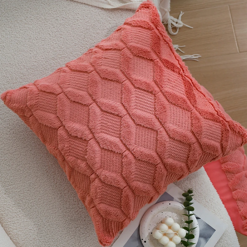 

CANIRICA Pillow Cover 45x45cm 30x50cm Plush Coral Red Nordic Decorative Cushion Cover for Living Room Sofa Diamond Pattern