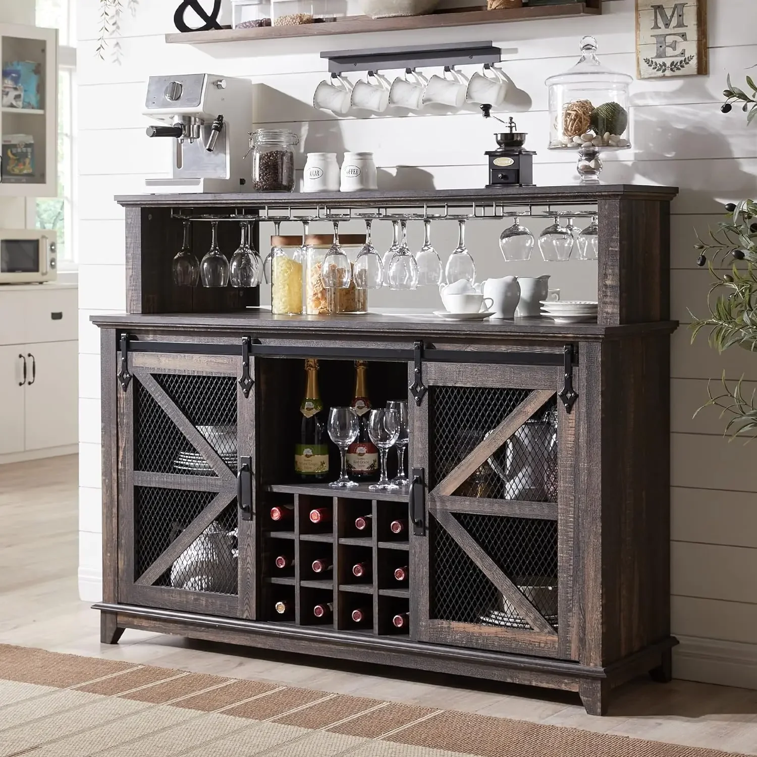 

Farmhouse Coffee Bar Cabinet with LED Lights, 55"Sideboard Buffet Table w/Sliding Barn Door&Wine and Glass Rack, for Dining Room