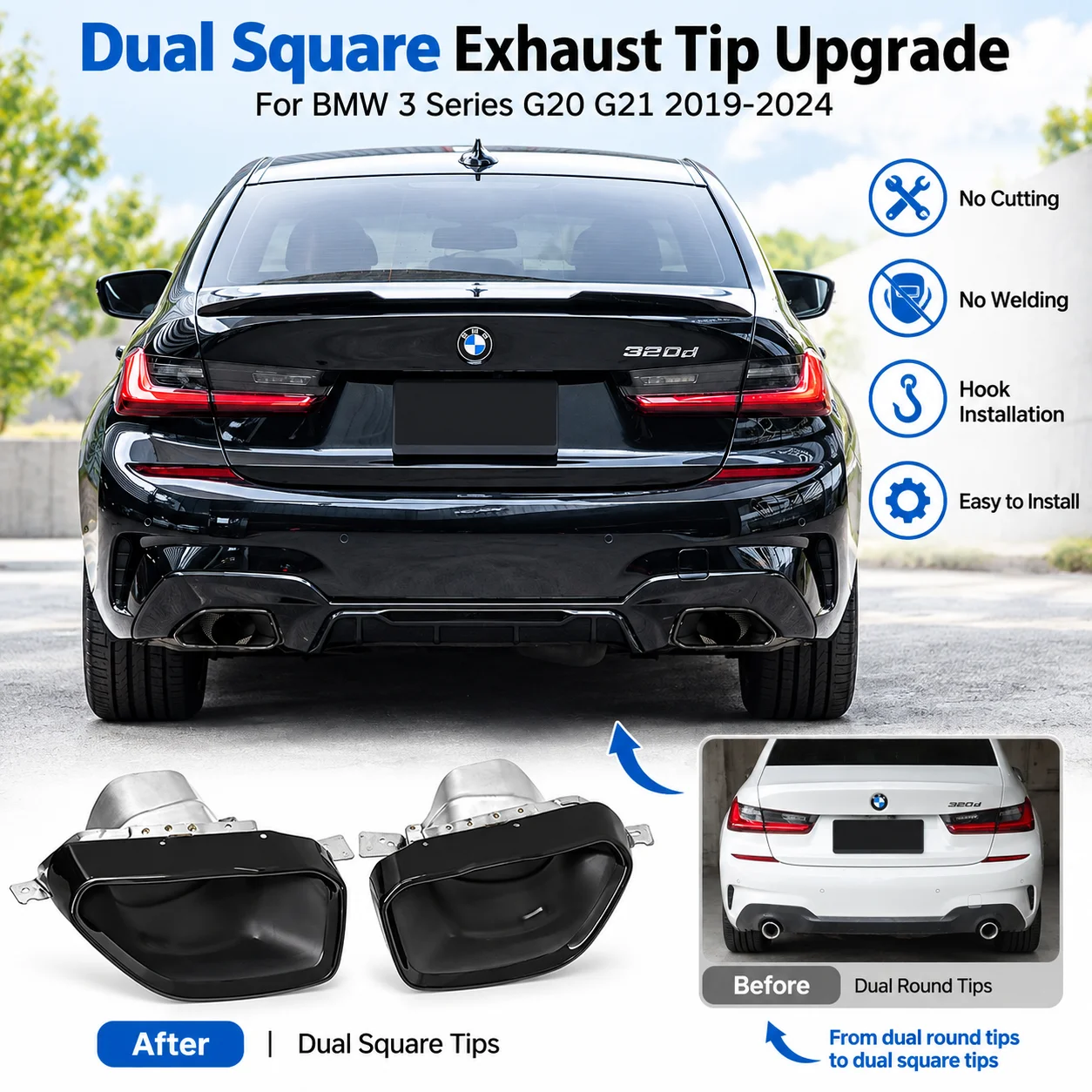 Auspuffblenden für BMW G20 G21 3er Serie 2019-2024 330i 330d 320d 320i 330e Dekorative Endrohr-Upgrade M340i Stil Quadratischer Schalldämpfer