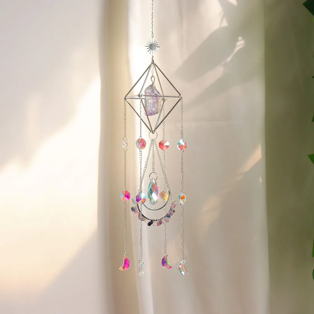 Custom Silver Geometric Frame Raw Multi-Color Fluorite Stone Crystal Sun Catcher Glass Pendant Hanging Ornament for Window Decor