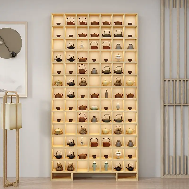 Custom. Solid Wood Customized Brick Tea Cabinet Teapot Display Antique Shelf Storage Rack New Style Lattice Frame Floor