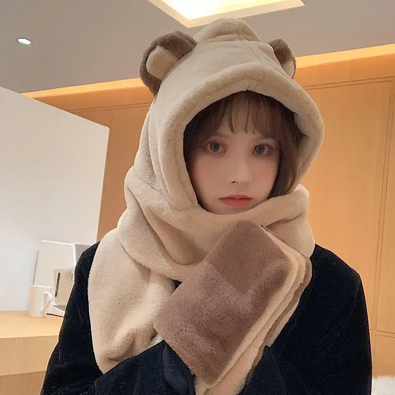 New 3pcs/set Thickened Bear Scarf, Hat & Glove Sets Women Cute Japanese Kawaii Winter Plush All-in-one Hooded Warm Gloves