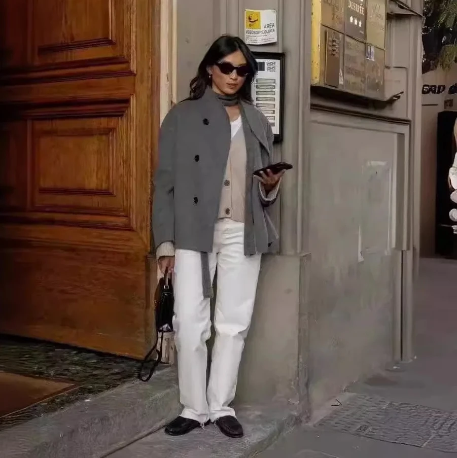 Loisirs mode européenne haut femmes décontracté Style britannique femmes Double boutonnage couleur Pure manteau en laine veste confortable