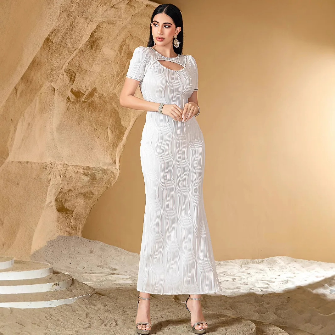 2025 Muslim Dress Women Dubai Abaya Short  Sleeve Diamond Evening Wedding Clothes Caftan Abaya Maxi White Dress Party Gown New