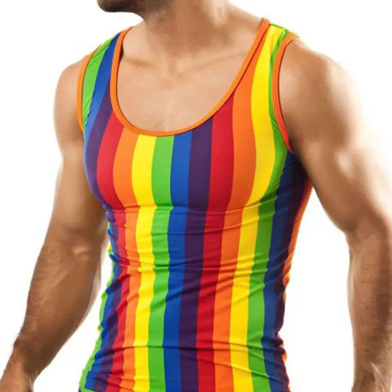 Men\'s Pajamas Set Rainbow Stripe Printed Sleeveless Tank Shirt Summer Daily Home Tight Sexy Shorts Set Men\'s 2-Piece Set 2023