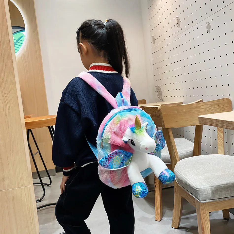 Cute Toddler Kids Winter Fur Unicorn Backpack for Littler Girls Cartoon Back Pack Children Kindergarten Schoolbag Shoulders Bag