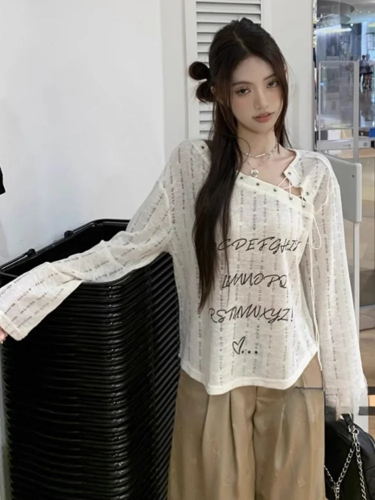 QWEEK 2024 Knit Knitted Letter Oversized Bandage Sweater Women Fashion Korean Fashion Kpop Streetwear Grunge Pullovers