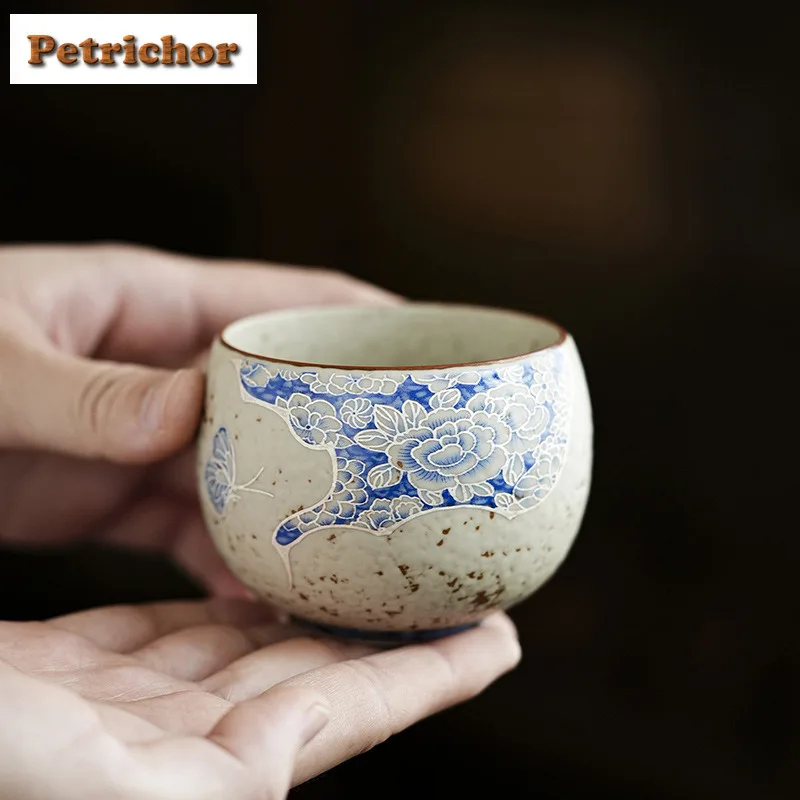 

150ml Blue Peony Teacup Ancient Tea Bowl Sample Tea Cup Tea-tasting Meditation Cup Jianzhan Master Cups Household Tea Items Gift